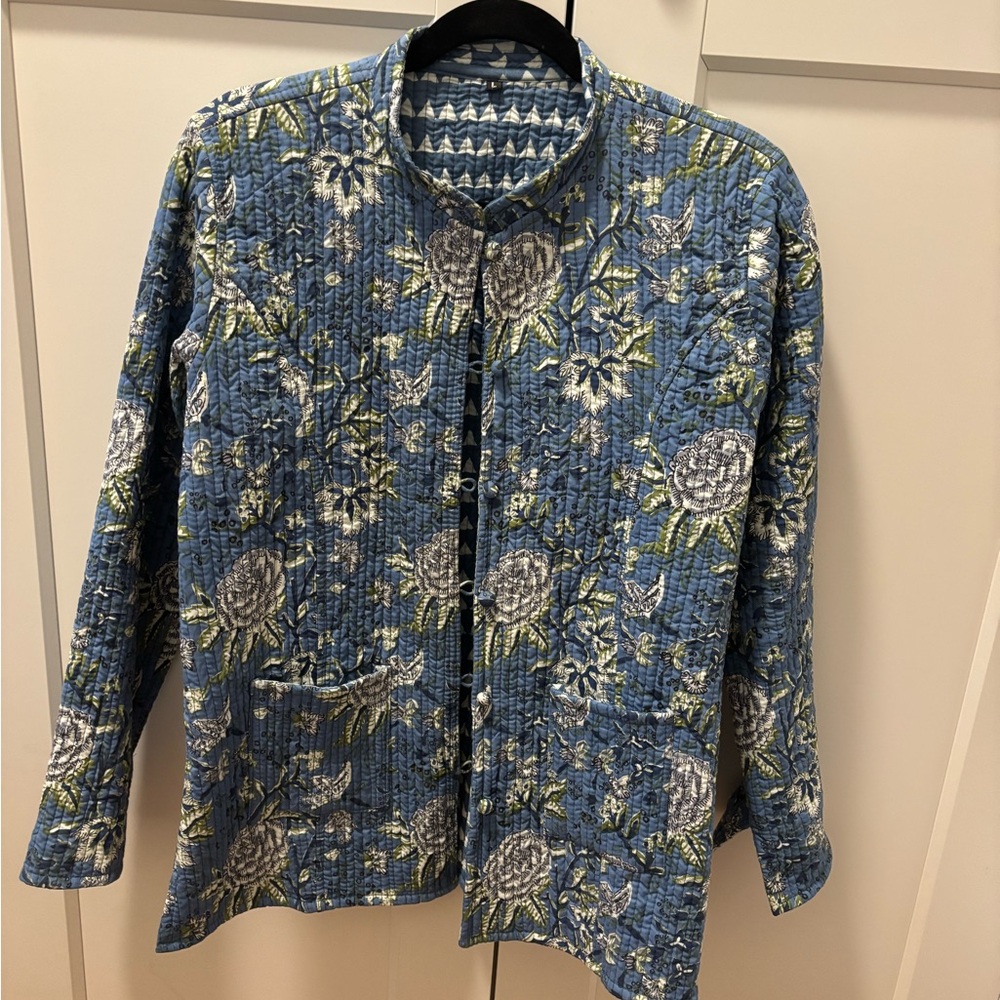 Floral Quilted Jacket in Blue and White